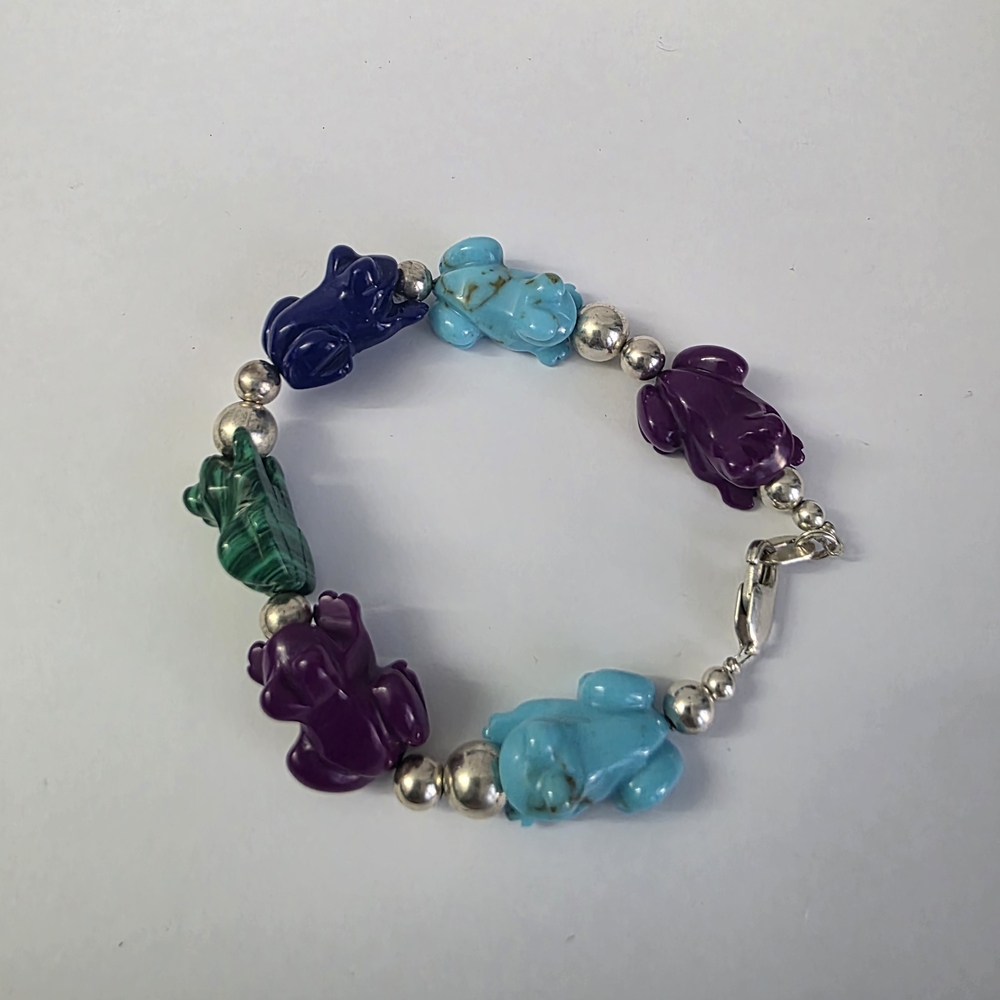 Sterling Silver 925 Colorful Turquoise Gemstone Frog Charm Bracelet